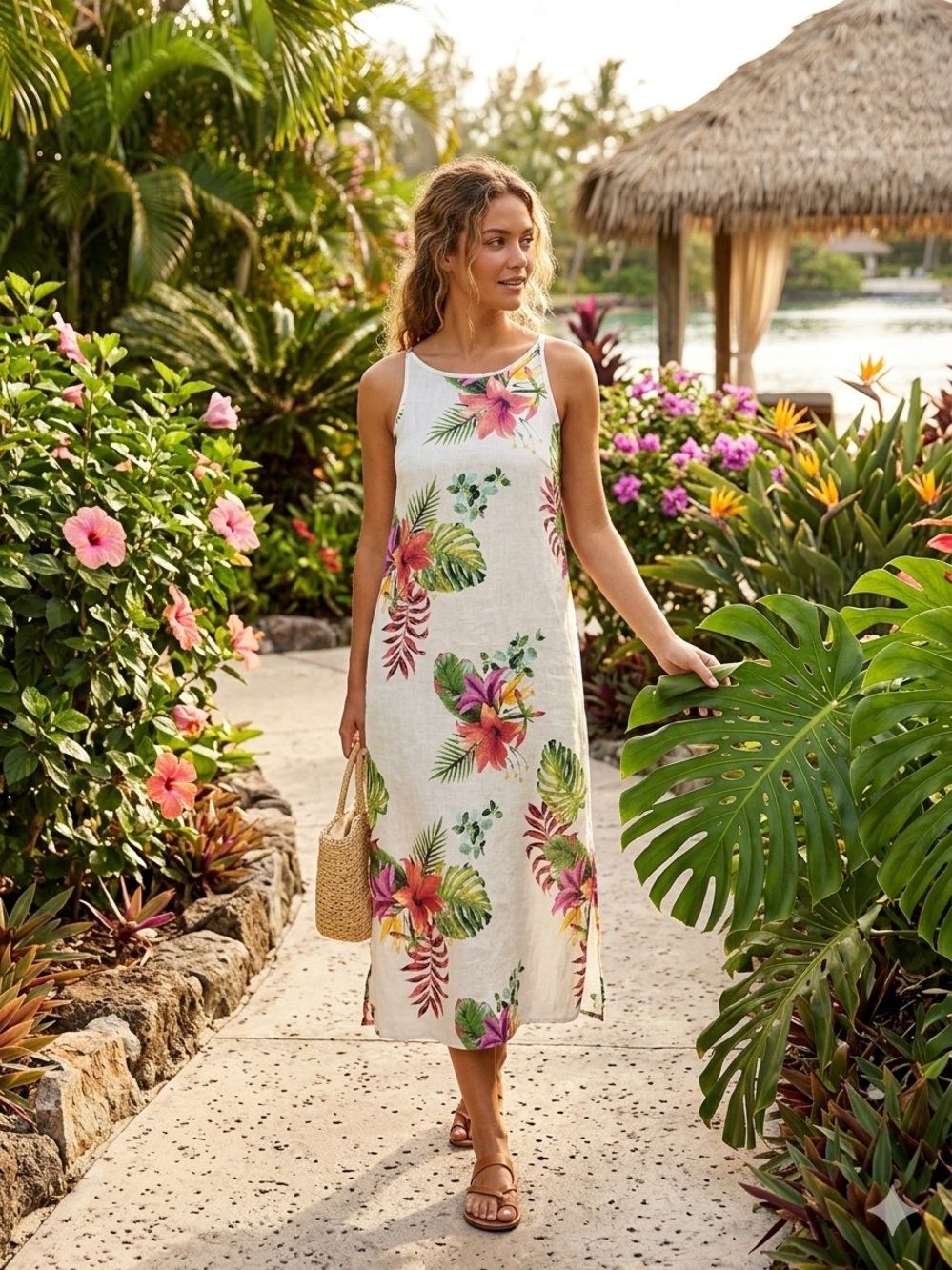 Lungo Larno Sleeveless White Tropical Floral Midi Dress 100% Linen